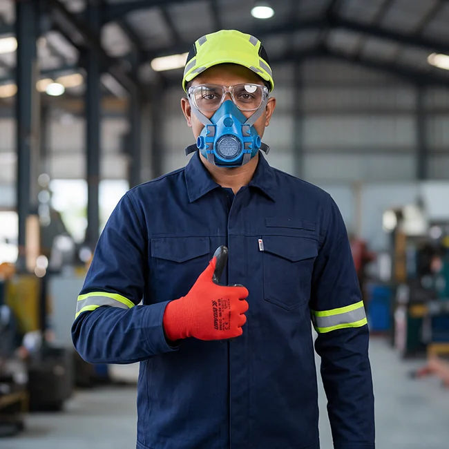 Worker wearing a helmet, safety glasses, respirator, coverall and gloves, giving a thumbs up in a factory