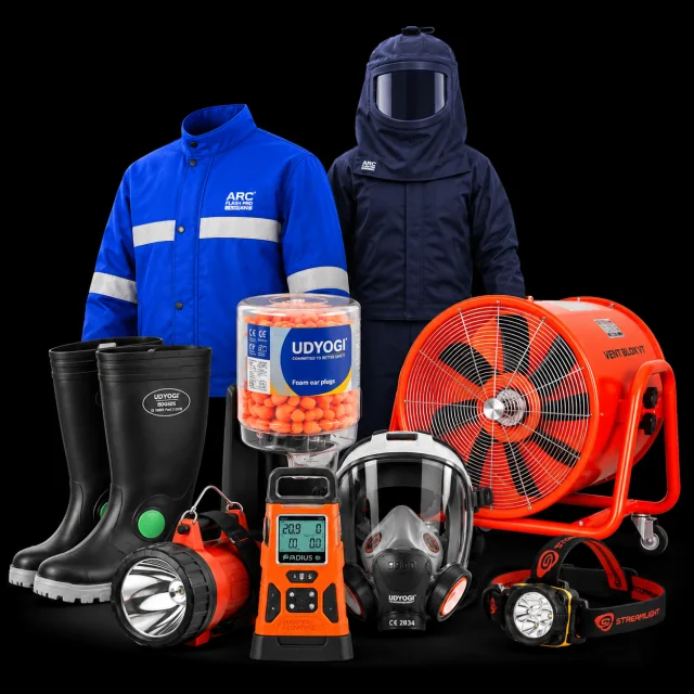 Arc flash suits, safety boots, ear plugs, gas detector, full-face respirator, portable blower and torch lights