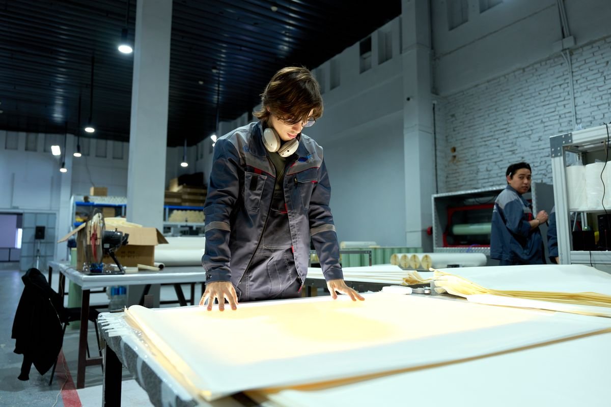 Industrial worker inspecting materials in a manufacturing facility